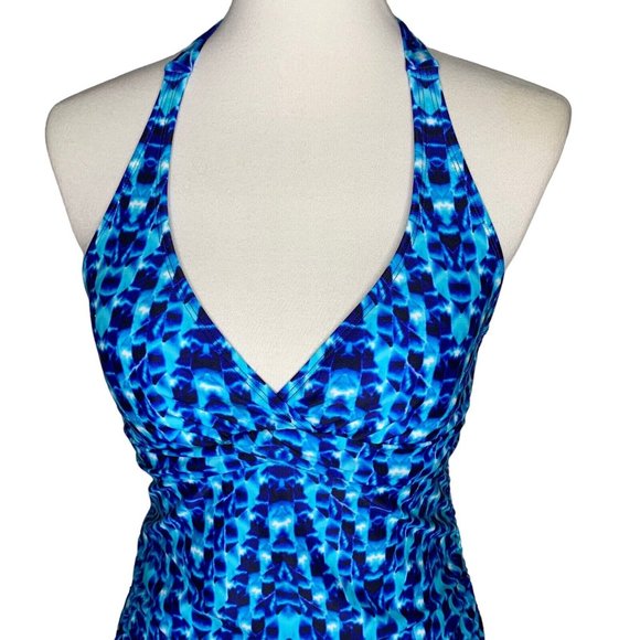 Athleta Tie Dye Tara Halter Tankini Top Size 34B/C Blue Hooks In Back - Picture 2 of 10